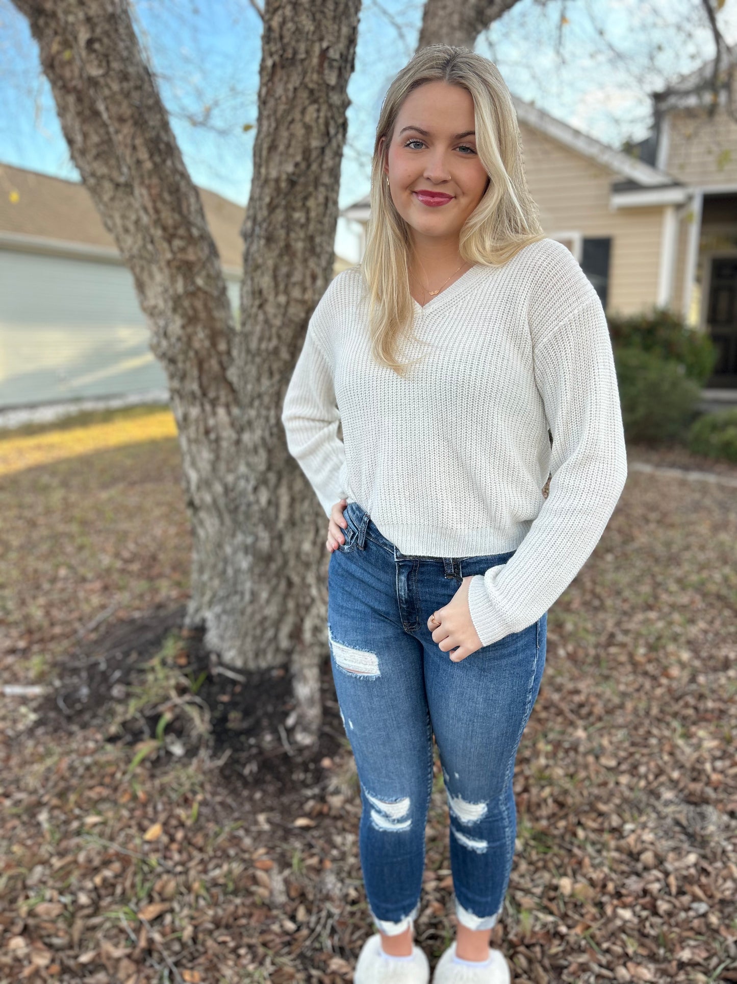 white V neck sweater